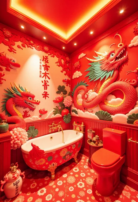 <lora:Custom_Bathroom_Crafter_FLUX-000013:0.8>
This is a photograph of a oriental, dragon themed bathroom, with red  details, dragon shaped bathtub, and red toilet.