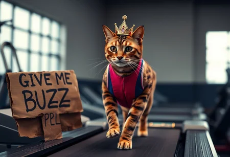 âA majestic Bengal cat with a small, slightly tilted golden crown, wearing a sleek gymnast suit in vibrant colors, running on a treadmill. Beside the treadmill is a worn, rotten cardboard sign that reads âGIVE ME BUZZ PPLâ in crude, hand-drawn letters. The scene is captured with a Panavision 105mm lens, emphasizing high resolution and cinematic details. The gym background is softly blurred, with rich lighting and deep shadows accentuating the catâs fur texture, the worn look of the cardboard sign, and the vivid colors of the suit. The overall mood is a blend of regality and humor, captured in realistic, high-contrast lighting and deep, cinematic colors.â
