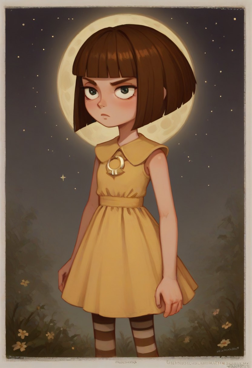 score_9, score_8_up, score_7_up, Expressiveh, score_9,score_8_up,score_7_up,very aesthetic ,(masterpiece:1.4), (best quality), (colorful), (detailed), cinematic lighting, volumetric lighting, FB, bob cut, blunt bangs, brown hair, dress, striped pantyhose, ifrightened face, frightened pose, gaze downward, melancholy (background: night, dark forest, fullmoon, starry sky)
