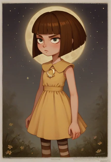 score_9, score_8_up, score_7_up, Expressiveh, score_9,score_8_up,score_7_up,very aesthetic ,(masterpiece:1.4), (best quality), (colorful), (detailed), cinematic lighting, volumetric lighting, FB, bob cut, blunt bangs, brown hair, dress, striped pantyhose, ifrightened face, frightened pose, gaze downward, melancholy (background: night, dark forest, fullmoon, starry sky)