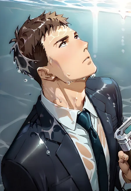 (score_9, score_8_up, score_7_up), ((source anime, best quality, best aesthetic, perfect anatomy, Gold Ratio, Art Composition, zPDXLxxx)), 1boy, doumeki, male_focus, handsome detailed face, black eyes, collared shirt, blazer, necktie, solo, modern office, portrait, (((Sulking, Soft illuminaotion, subject look up, half body under water, tossing, holding_weapon))), <lora:aesthetic_anime_v1s:1>, <lora:Smooth Anime 2 Style SDXL_LoRA_Pony Diffusion V6 XL:1>, <lora:Doumeki:0.8>