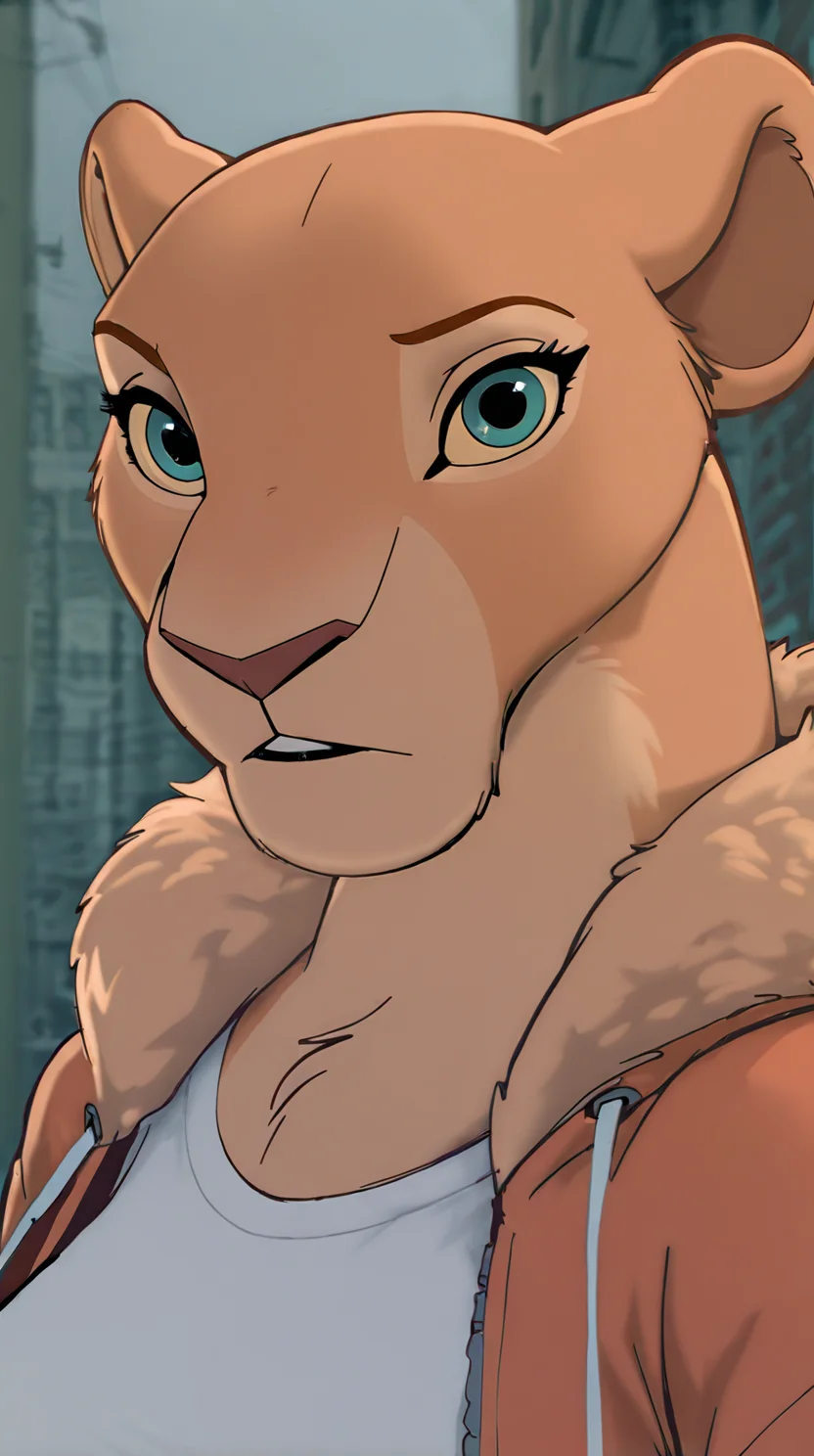 nala, furry female anthro, lioness, portrait, close-up, (hoodie:1.2), fur trim, solo, (body fur:1.2), (best quality), (detailed urban background:1.2), dramatic lighting, (detailed fluffy fur:1.1), looking at viewer, medium breasts, white undershirt,
<lora:Lioness_Like_Lions_ill_FINAL_FINAL2:1>,âââ