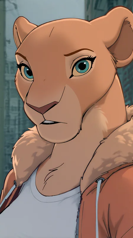 nala, furry female anthro, lioness, portrait, close-up, (hoodie:1.2), fur trim, solo, (body fur:1.2), (best quality), (detailed urban background:1.2), dramatic lighting, (detailed fluffy fur:1.1), looking at viewer, medium breasts, white undershirt,
<lora:Lioness_Like_Lions_ill_FINAL_FINAL2:1>,âââ