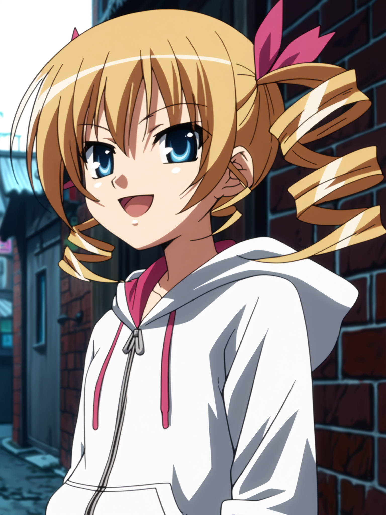 <lora:happy_tentacle-sousou-v0.4-000010:1>, ht_sousou, twin drills, hair ribbon, outdoors, hoodie, hood up, night sky, alley, brick wall, rain , cowboy shot, 1girl, (petite:1.2), solo focus, smile, open mouth, (looking at viewer:1.1), , (depth of field:0.8), , <lora:Shed_The_Skin's StS_age_slider_v1_initial_release:-1.2>, score_9, score_8_up, score_7_up, score_6_up, score_5_up, score_4_up,
