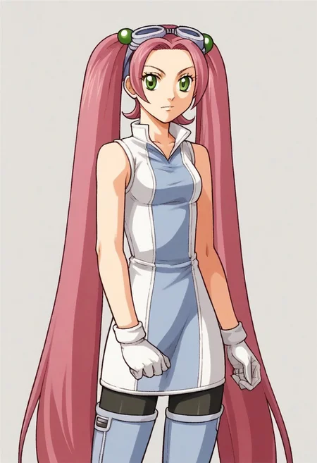 score_9, score_8_up, score_7_up, source_anime BREAK <lora:zs_FE9PortraitsXL:1> fe9portraits, solo, cowboy shot, simple background, 1girl, female focus, lovrina, twintails, very long hair, goggles on head, hair bobbles, sleeveless dress, white gloves, black pantyhose, thigh boots