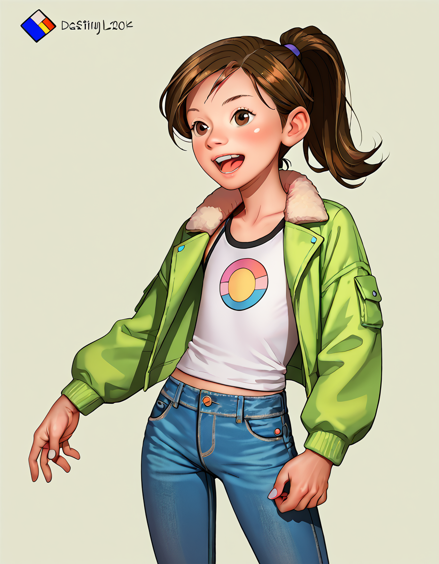 score_9, score_8_up, score_7_up,toon \(style\),destijl,brown hair,solo,open mouth,ponytail,flat chest,hetero,closed jacket, jeans,<lora:DeStijl:1.4>