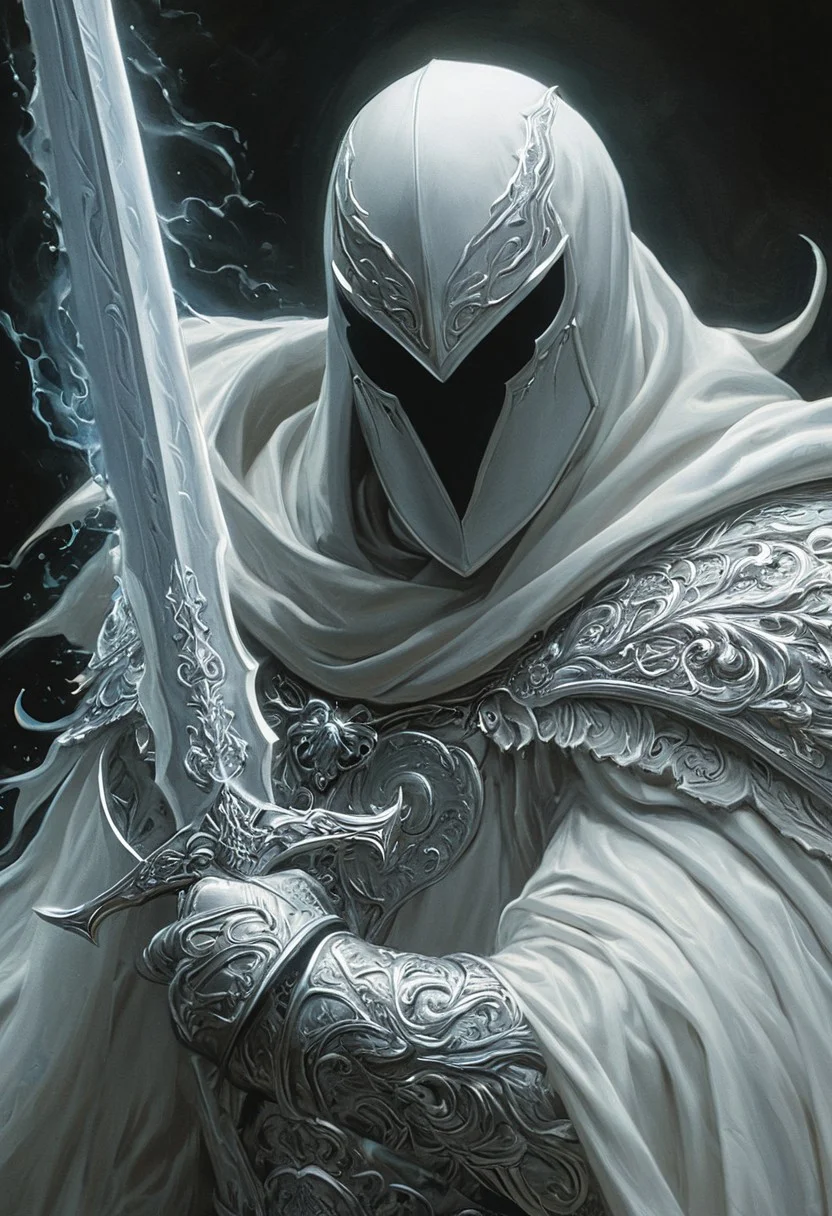 A closeup of fantastical image of a moon knight, clad in flowing, flowing robes, wielding an ornate, ornate blade. Their eyes are filled with power and determination, as they wield the sword in a fluid, dynamic motion. The moon's reflection highlights their magical power