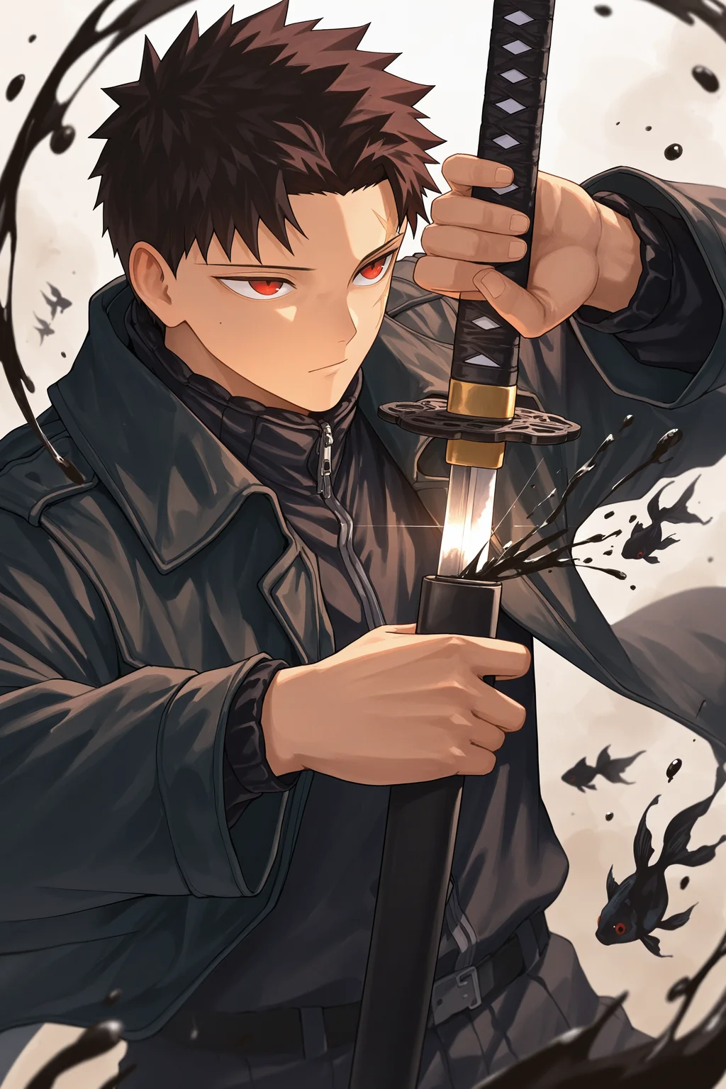 masterpiece, best quality, absurdres, safe,
1boy, chihiro rokuhira, red eyes, scar on face,
holding sword, unsheathing, black goldfish, (ink splashing:1.1)
<lora:kagurabachi_il_1_d16:1>