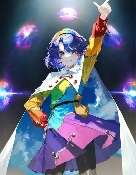 tenkyuu_chimata, 1girl ,rella, quasarcake:0.7, rolua, optical illusion, negative space, saturday_night_fever,blue_hair, breasts, cape, hairband , looking_at_viewer ,multicolored_hairband, pantyhose, purple_eyes ,short_hair ,smile, solo, sweat ,white_cape, disc, holding disc, disco,CDs, arm_up , hand_on_own_hip, index_finger_raised, outstretched_arm ,
<lora:illustrious_noobai_epsilon_pred_1_best_quality_v1:0.7> ,<lora:illustrious_noobai_epsilon_pred_1_masterpieces_v1:0.7>, <lora:ponyv4_noob1_2_adamW:0.5>, <lora:add_details_xl:0.7>,
masterpiece, best quality, amazing quality, very aesthetic, absurdres, newest, <lora:CDs_SDXL:1>