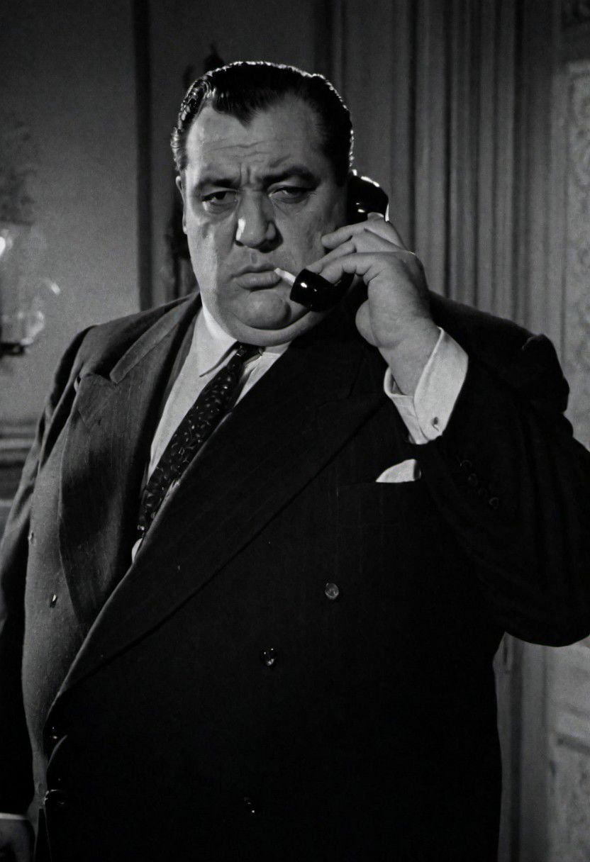 In 1950s Chicago, inside a luxurious mansion, the mafia boss, a fat man in a suit, smokes a fan while talking on the phone. Captured with a 35 mm camera, black and white, classic film noir film.