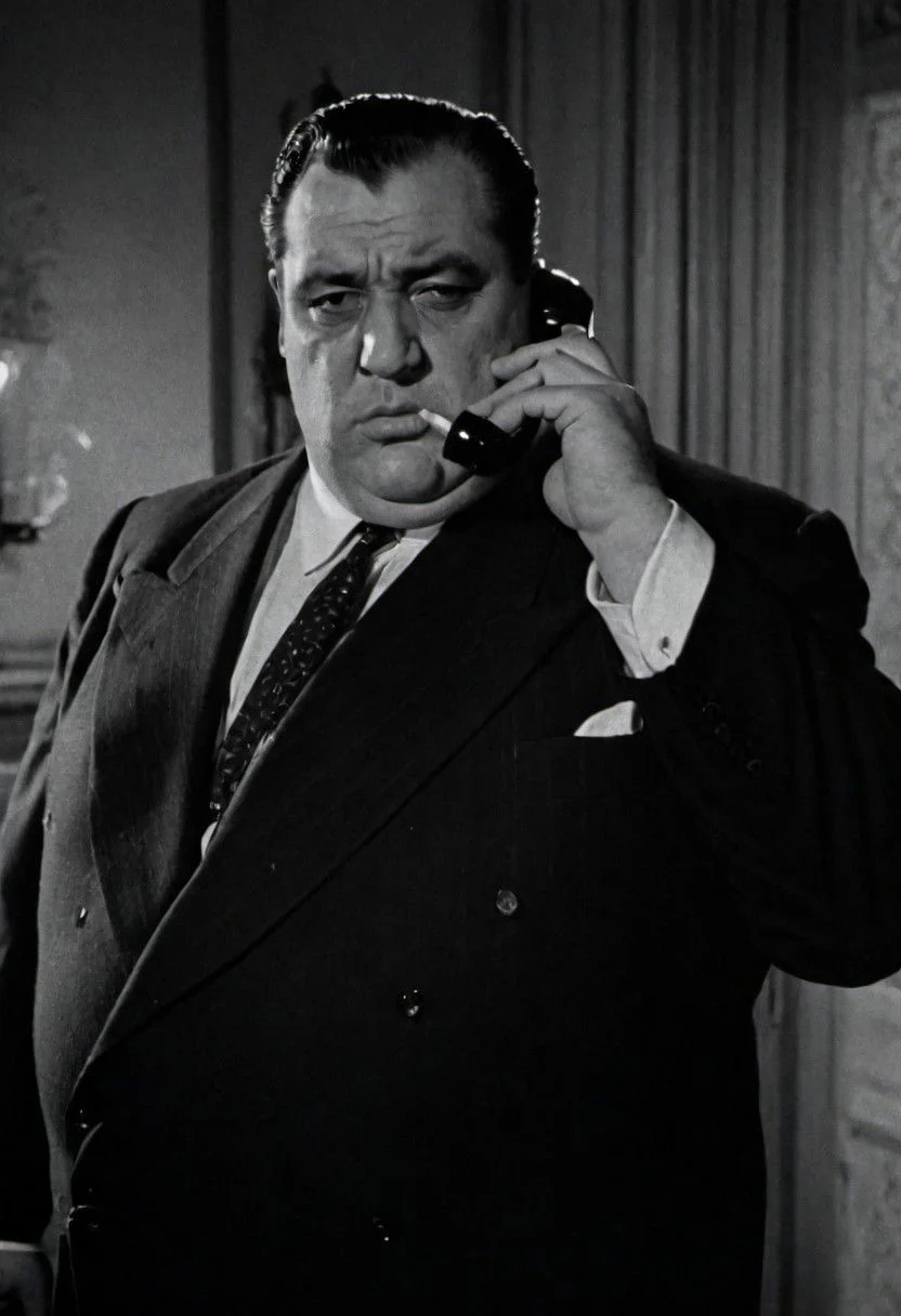In 1950s Chicago, inside a luxurious mansion, the mafia boss, a fat man in a suit, smokes a fan while talking on the phone. Captured with a 35 mm camera, black and white, classic film noir film.