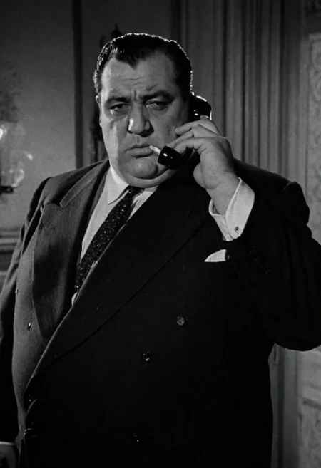 In 1950s Chicago, inside a luxurious mansion, the mafia boss, a fat man in a suit, smokes a fan while talking on the phone. Captured with a 35 mm camera, black and white, classic film noir film.
