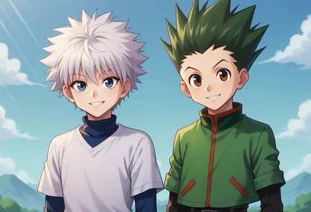 score_9, score_8_up, score_7_up, source_anime, highly detailed, 2boys
gonfreecs, 1boy, male focus, green hair, spiked hair, shorts, smile, upper body, brown eyes, belt, looking at viewer, jacket, green jacket,
killuazoldick, 1boy, male focus, shorts, white hair, blue eyes, shirt, long sleeves, layered sleeves, spiked hair, short over long sleeves, short hair, short sleeves, bangs, turtleneck, blue shirt, grey shirt,
outdoor, sky, smile,