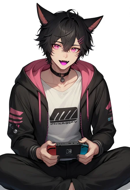 DskMiqo, 1boy, black hair, black jacket, black pants, can, choker, collar, cat boy, cat ears, animal ears, animal ear fluff, collarbone, colored tongue, hair between eyes, hair ornament, hairclip, handheld game console, holding, holding controller, hood, hood up, hooded jacket, hoodie, jacket, long sleeves, looking at viewer, male focus, nail polish, nintendo switch, open mouth, pants, pink eyes, shirt, short hair, simple background, sitting, solo, white background, white shirt, miqo'te BREAK ,score_9, score_8_up, score_7_up, score_6_up, score_5_up, score_4_up,