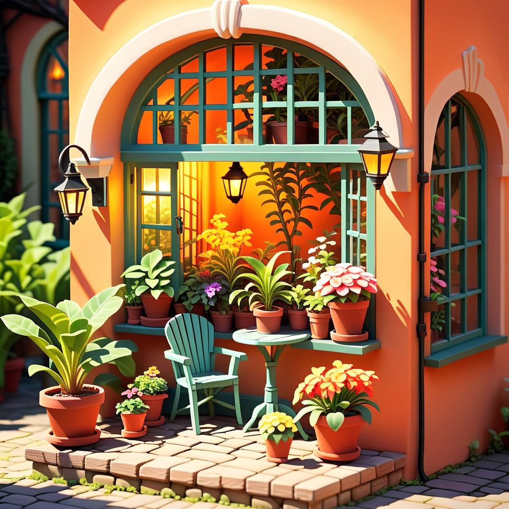 ispzxll, no humans, plant, scenery, potted plant, chair, flower pot, window, lantern, flower, isometric, miniature, diorama