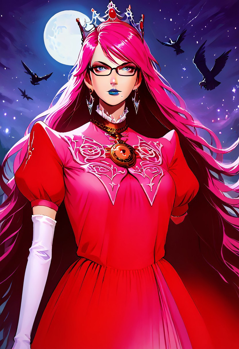 upper body, half body, ((crown, dress, gem, gloves, pink dress, puffy short sleeves, puffy sleeves, short sleeves, white glove)), BayonettaSDXL, Bayonetta2, 1girl, solo, focus, magic, dark shadows magic, long hair, looking at viewer, absurdly long hair, ponytail, Floor length air gray eyes, pink hair, blue lipstick, gloves, jewelry, very long hair, tall girl, earrings, parted lips, glasses, elbow gloves, white gloves, mole, lips, bodysuit, makeup, night, moon, lipstick, mole under, r mouth, full moon, amulet, bayonetta, cowboy shot,, crowmancer, crow flock, drawing dark magic circles with shadows, bold, striking, cowboy shot, easynegative, flat color, dark theme, g4n1m3, shadow magic, arkane_dark, night, night lights, dynamic pose, dynamic angle, Vintage BREAK score_9, score_8_up, score_7_up, score_6_up, source_anime,