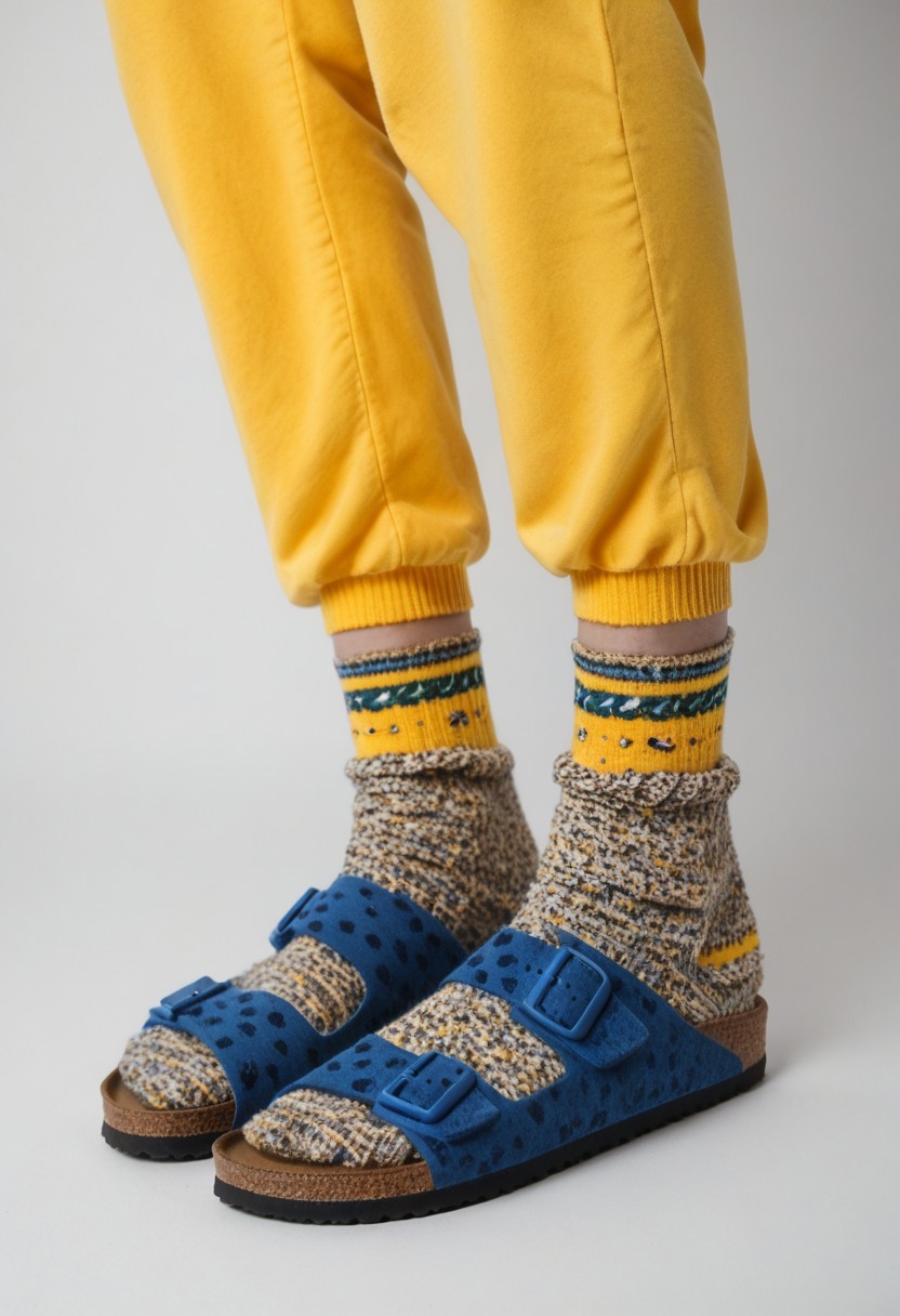 (photograph of woman's feet wearing socks and sandals and leggings), 1girl, solo, dynamic_pose, simple_background, white_background, scksnsndls, patterned blue socks, lower_body, footwear_focus, yellow leggings, birksonsocks, birkenstock