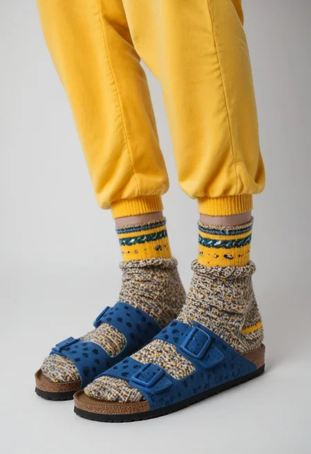 (photograph of woman's feet wearing socks and sandals and leggings), 1girl, solo, dynamic_pose, simple_background, white_background, scksnsndls, patterned blue socks, lower_body, footwear_focus, yellow leggings, birksonsocks, birkenstock