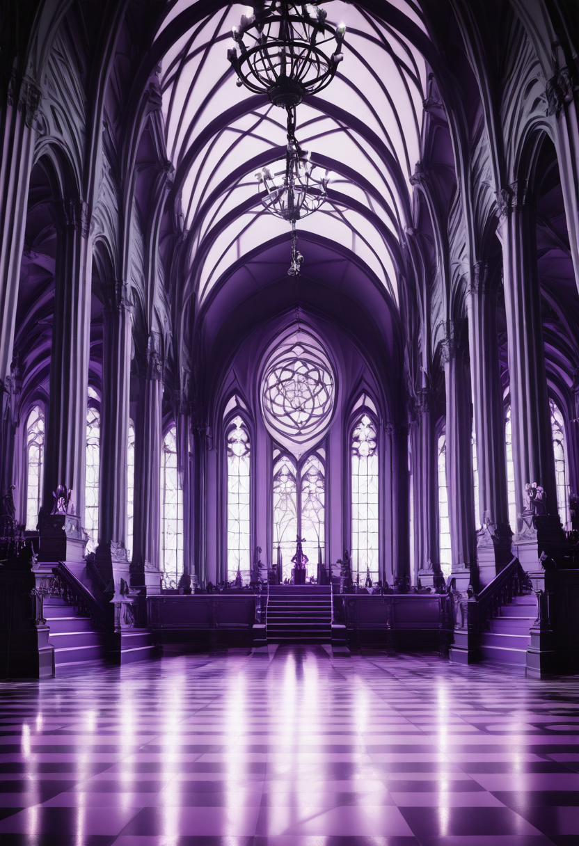 masterpiece, best quality,  d4rk4c4dem1a,   no humans, window, reflection, architecture, checkered floor, purple theme, pillar, stained glass, church, arch, reflective floor, chandelier, column, BREAK, subsurface scattering, soft lighting, contemplative expression, dark background, subtle makeup, high-resolution, detailed texture, emotional depth, dramatic mood, ,serene atmosphere, cinematic lighting  ,<lora:DarkAcademia_IXL:1.0>,