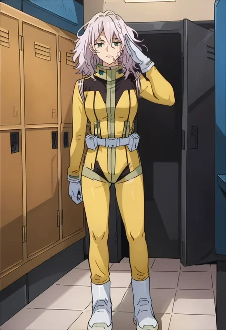 score_8, score_8_up, score_7_up, source_anime, anime screenshot, 1girl, solo, female focus, LAiden_CF, white hair, medium hair, messy hair,  green eyes, normal suit, pilot suit, yellow bodysuit, utility belt, white belt, white gloves, boots, white footwear, tile floor, locker, locker room, spacecraft interior, standing, salute, looking at viewer,