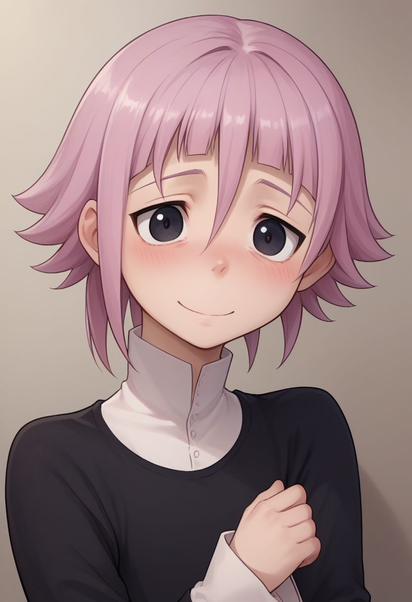 score_9, score_8_up, score_7_up, source_anime, highly detailed, 
crona, 1boy, solo, black eyes, short hair, pink hair, bags under eyes, hair between eyes, long sleeves, white shirt, shirt, dress, black dress, upper body, smile, shy, blush,
indoor,