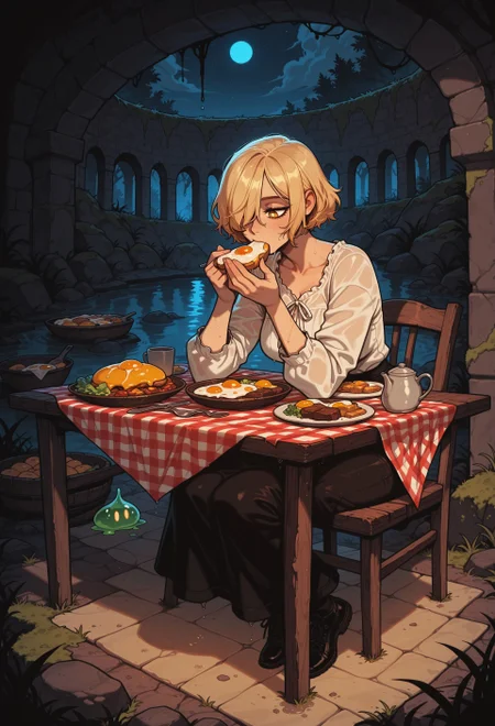 score_9, score_8_up, score_7_up, masterpiece, best quality, very aesthetic, 1girl, incoth, (incase:0.6), detailed face, (dynamic:1), stylized, illustration, white pupils, golden eyes, blonde, hair over one eye, detailed eyes, curvy, small table, table cloth, sitting at table, picnic, breakfast, food, eating, casual, casual outfit, comfy, dark, night, dungeon, wet, moss, chains, lightrays, serene, full body, mage, content, three-quarter view, surrounded by slime