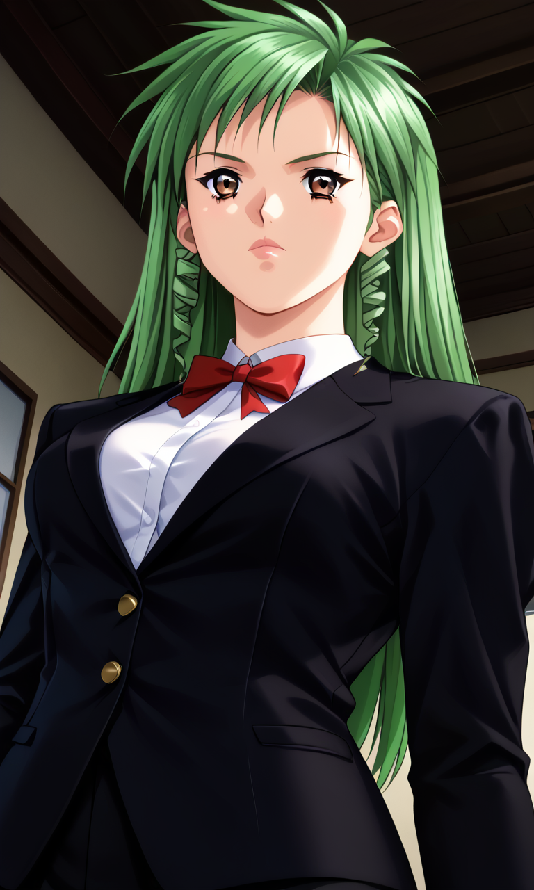 score_9, score_8_up, score_7_up,BREAK chih, brown eyes,1girl, green hair, long hair,drill hair,twin drills,tuxedo,serious look,view from below,<lora:sakumaorig-000009:1>