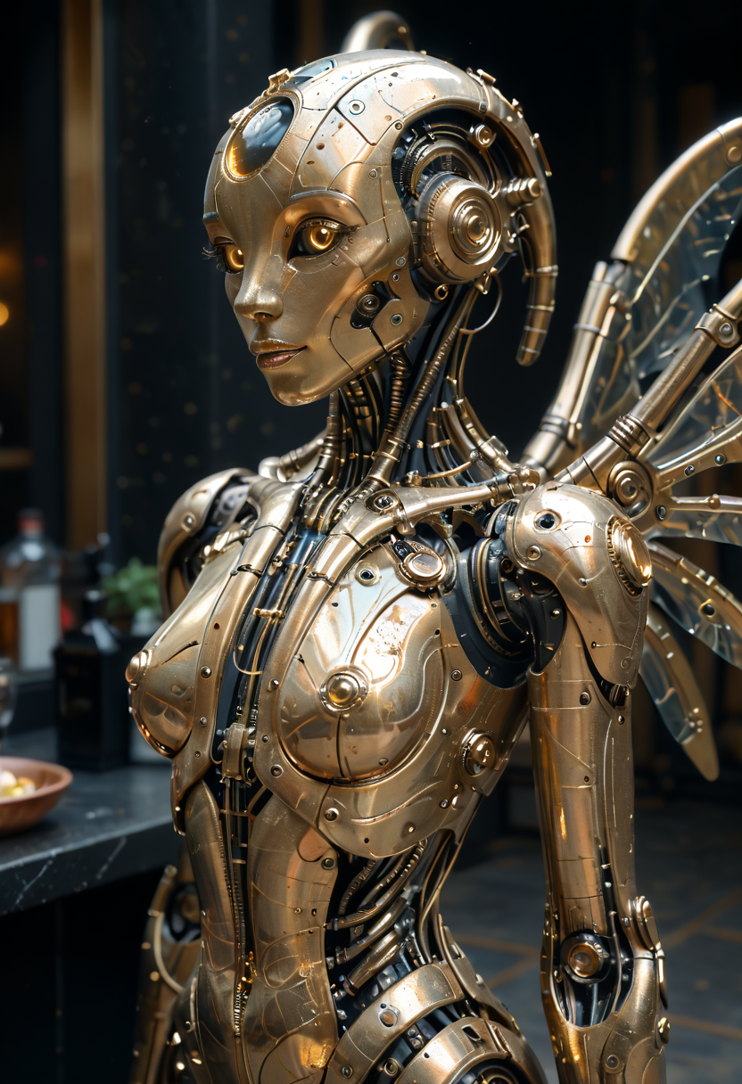score_9, score_8_up, score_7_up, masterpiece, best quality, 1Woman, gold hair, android, joints, robot joints, gold eyes, looking at viewer, wings, mechanical parts, science fiction, robot girl, sky background, glowing, mechanical wings, robot, (gold skin, metallic skin:1.2),  <lora:Reelmech_pony_ed_v1_3:1> <lora:add-detail-xl:1>