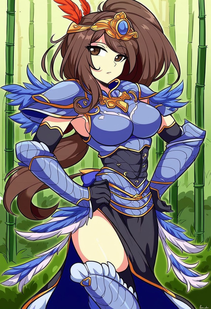best quality, (masterpiece:1.2), illustration, absurdres, (1girl, solo), (beautiful detailed girl), <lora:LuLingqi-08:0.8>, Lu Lingqi, brown hair, brown eyes, long hair, hihg ponytail, headpiece, feathers, armored dress, shoulder armor, black skirt, thigh boots, armored boots, gloves, in bamboo forest, chinese architecture, stream,, standing, cowboy shot,, looking at viewer, confident, proud,
