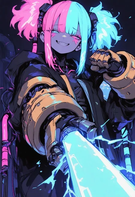 1 girl , robotic arms , robot joints , (cable hairs:1.3) , ((blue electricity hair)) , jacket , holding energy blade , cyberpunk , neon light ,twintails , glowing hair , split color hair , neon hair , gauntlet , power fist , smug ,
masterpiece, best quality ,amazing quality ,S4bit4mago_illu , xxx667_illu ,Protoneon , ma1ma1helmes_b_illu,