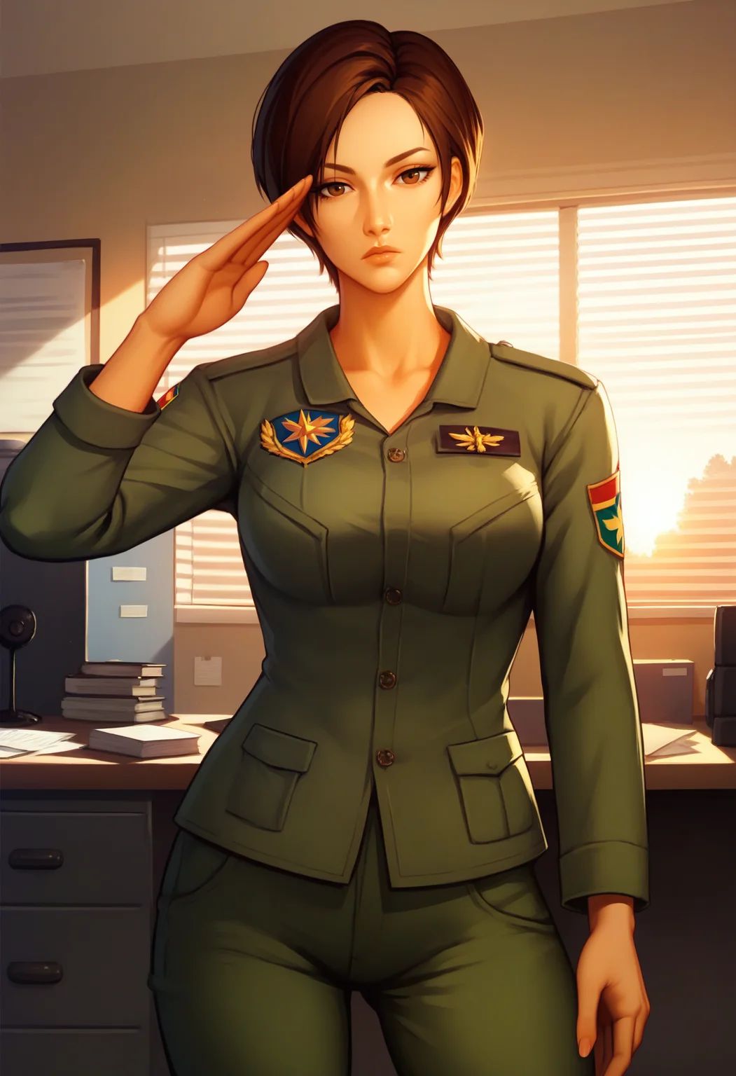 score_9, score_8_up, score_7_up, score_6_up, <lora:KeiNagase:0.9>, KeiNagase, 1girl, solo, brown hair, short hair, brown eyes, 
military uniform, green pants,
cowboy shot, looking at viewer, salute, expressionless, 
BREAK indoors, sunset, office,
