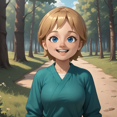 score_9, score_8, BREAK, solo, mii, wii, wii sports resort, 1girl, female mii, cute, blonde hair, black blue eyes, rare eyes, tree shaped nose, open mouth, buck tooth, double chin, chubby, chubby female, dark green clothing, white pants, shoes, Megan_(\Wii_Sports_Resort\), Nintendo Mii, modern_mii, classic_mii, big breasts, sexy pose, self portrait, smile, outdoors, sunlight, shadows, evening lighting, natural lighting, forest, trees, grass, orange sky, sunset