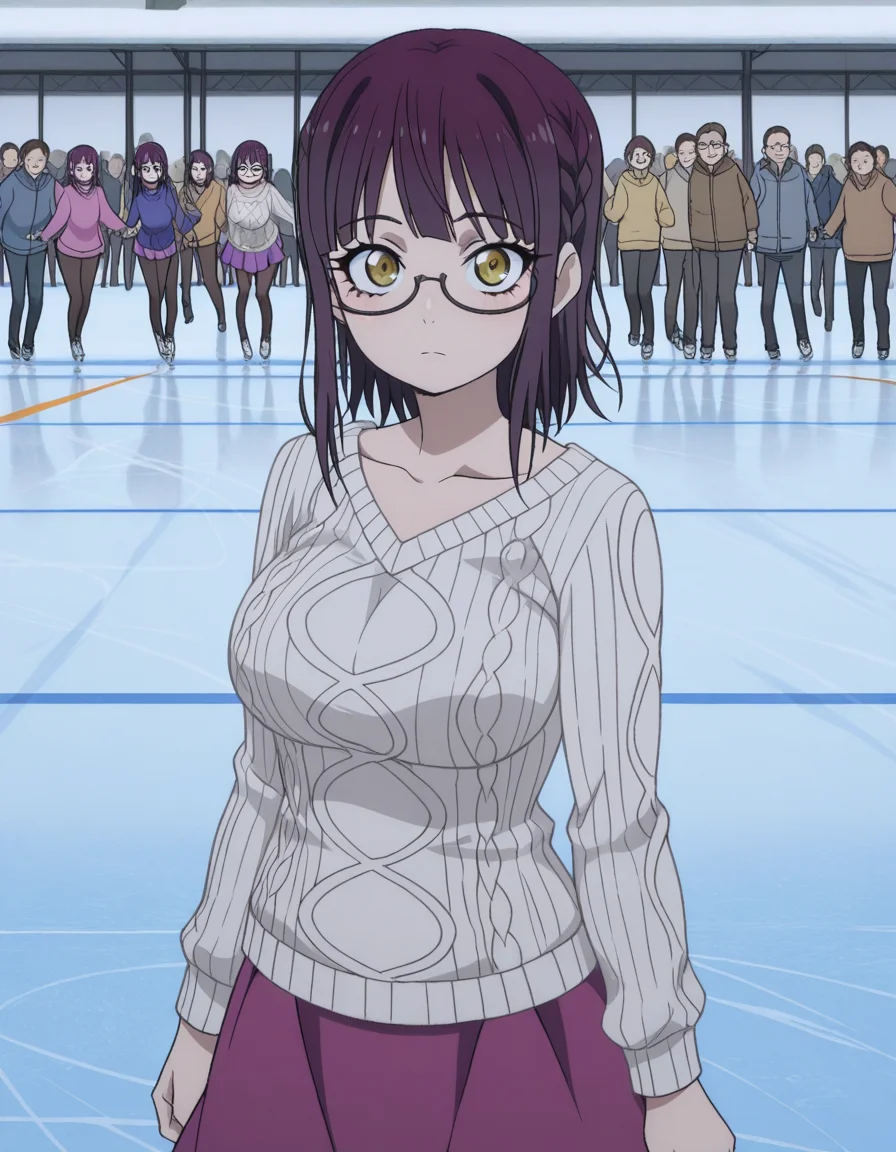 masterpiece, best quality, amazing quality,, <lora:sumika-fujimiya-s1-illustriousxl-lora-nochekaiser:1>, sumika fujimiya, brown eyes, purple hair, braid, glasses, semi-rimless eyewear, under-rim eyewear, mature female, breasts, anime screencap, sweater, long sleeves, collarbone, skirt, purple skirt,, v,, skating rink, ice, people, winter, fun, cowboy shot, solo, looking at viewer,