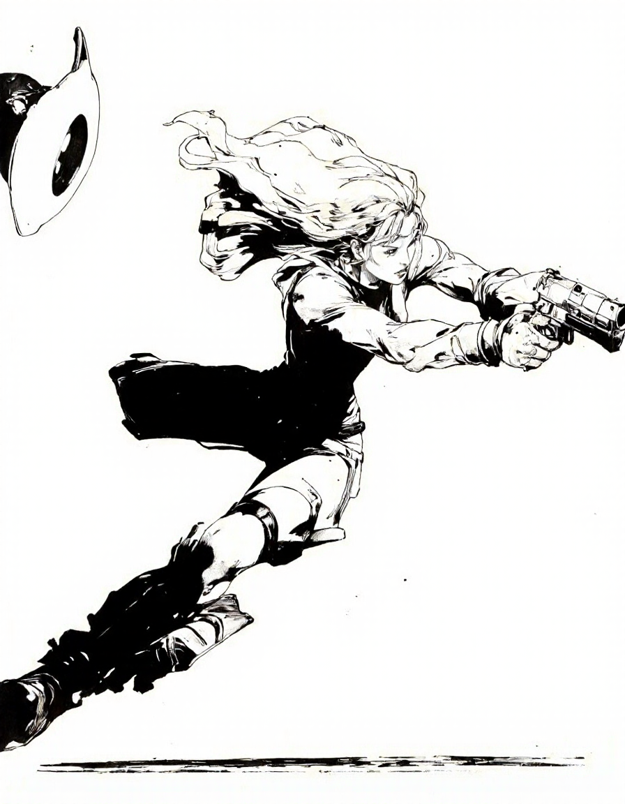 IllusFactor1. A black and white, stylized illustration of a female character in a dynamic action, aiming a gun at an alien-like object in the air. the character, a young woman with light skin and long, flowing blonde hair, is positioned in the middle of the image, with her upper body facing the viewer and her eyes focused on the object in front of her. she is wearing a long-sleeved shirt, black pants, and black boots, and is holding a gun in her right hand. the background is a simple, plain white, and the character is positioned at a slight angle to the left, giving a sense of movement and intensity to the image. the overall style is reminiscent of comic book art, with bold lines and a minimalist design.
