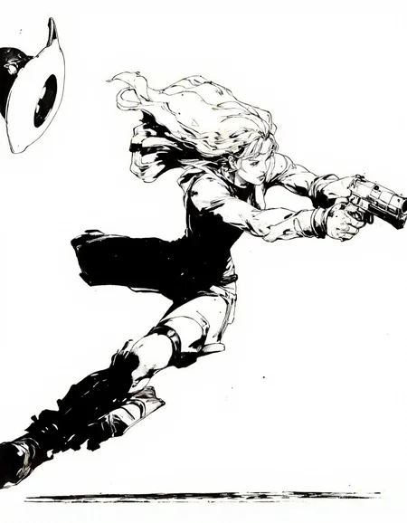 IllusFactor1. A black and white, stylized illustration of a female character in a dynamic action, aiming a gun at an alien-like object in the air. the character, a young woman with light skin and long, flowing blonde hair, is positioned in the middle of the image, with her upper body facing the viewer and her eyes focused on the object in front of her. she is wearing a long-sleeved shirt, black pants, and black boots, and is holding a gun in her right hand. the background is a simple, plain white, and the character is positioned at a slight angle to the left, giving a sense of movement and intensity to the image. the overall style is reminiscent of comic book art, with bold lines and a minimalist design.