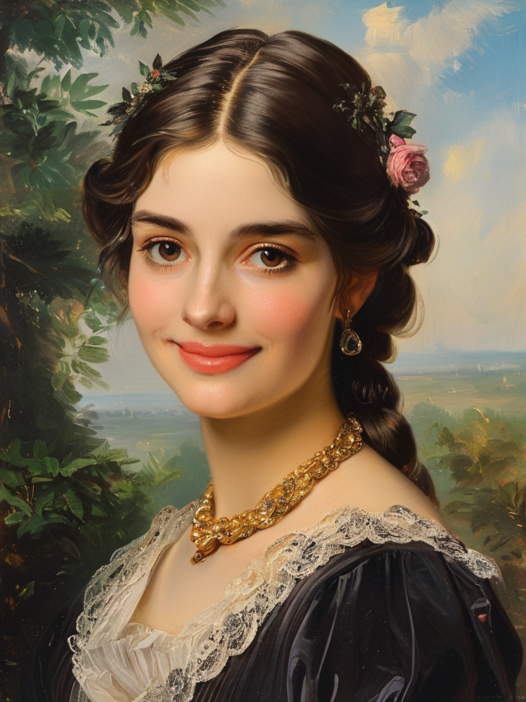 masterpiece,best quality,<lora:tbh121-sdxl:0.9>,portrait of people,smile,illustration,style of Franz Xaver Winterhalter,oil painting,