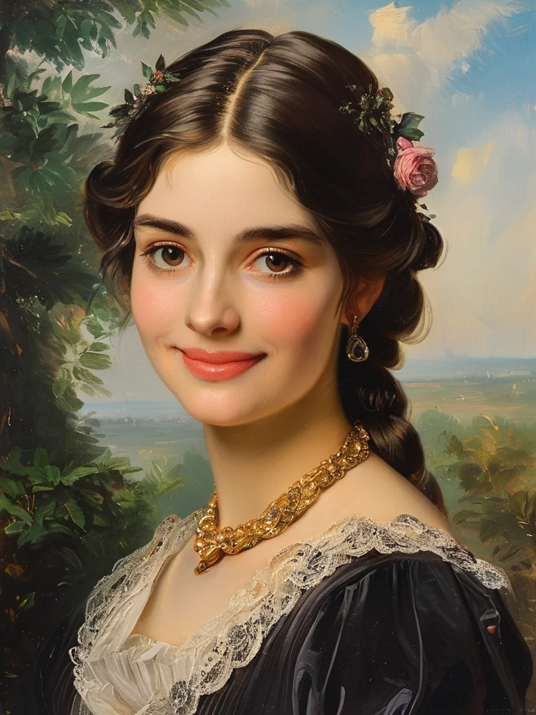 masterpiece,best quality,<lora:tbh121-sdxl:0.9>,portrait of people,smile,illustration,style of Franz Xaver Winterhalter,oil painting,