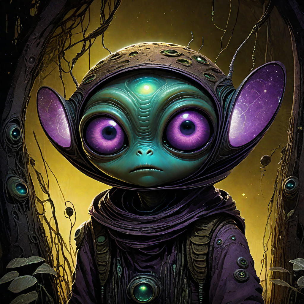 albedo, echelier, dpmpp2msde karras, alien creature, Alien child with oversized glowing eyes, Graphic novel-style rendering, Cinematic close-up shot, Digital paint smudges mimicking hand-drawn art, Rustic Sci-Fi Earthtones alien_wanderer, <lora:artfully_YOUNGALIEN_SDXL:0.8>,