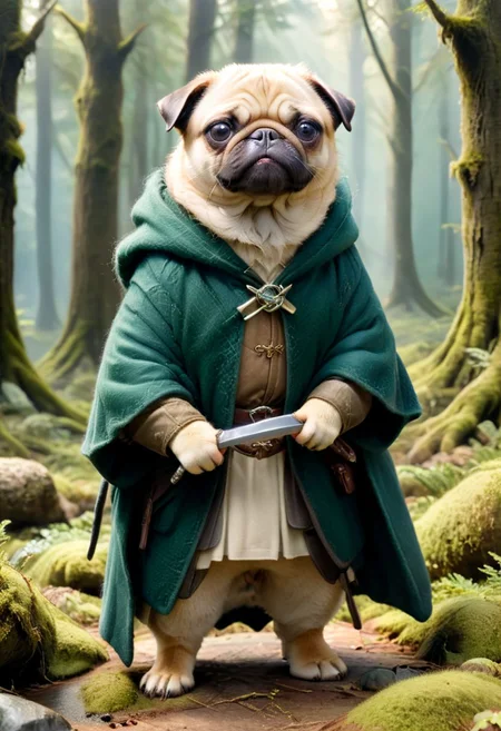 standing (anthropomorphic: 1.19) (pug face) dressed as frodo from Lord of the Rings, green wool cloak, (highest coherency: 1.59) (highest quality: 1.39) (paws), lorien forest, holding (sword "sting") in paw