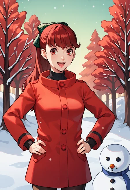 score_9, score_8_up, score_7_up, source_anime, 1girl, solo, standing, hands on hips, open mouth, smile, snowman, BREAK <lora:KasumiP5-pdxl:1> winSumi, long hair, ponytail, plaid hair bow, red winter jacket, medium breasts, buttons, black turtleneck, black pantyhose, outdoors, snow, tree
