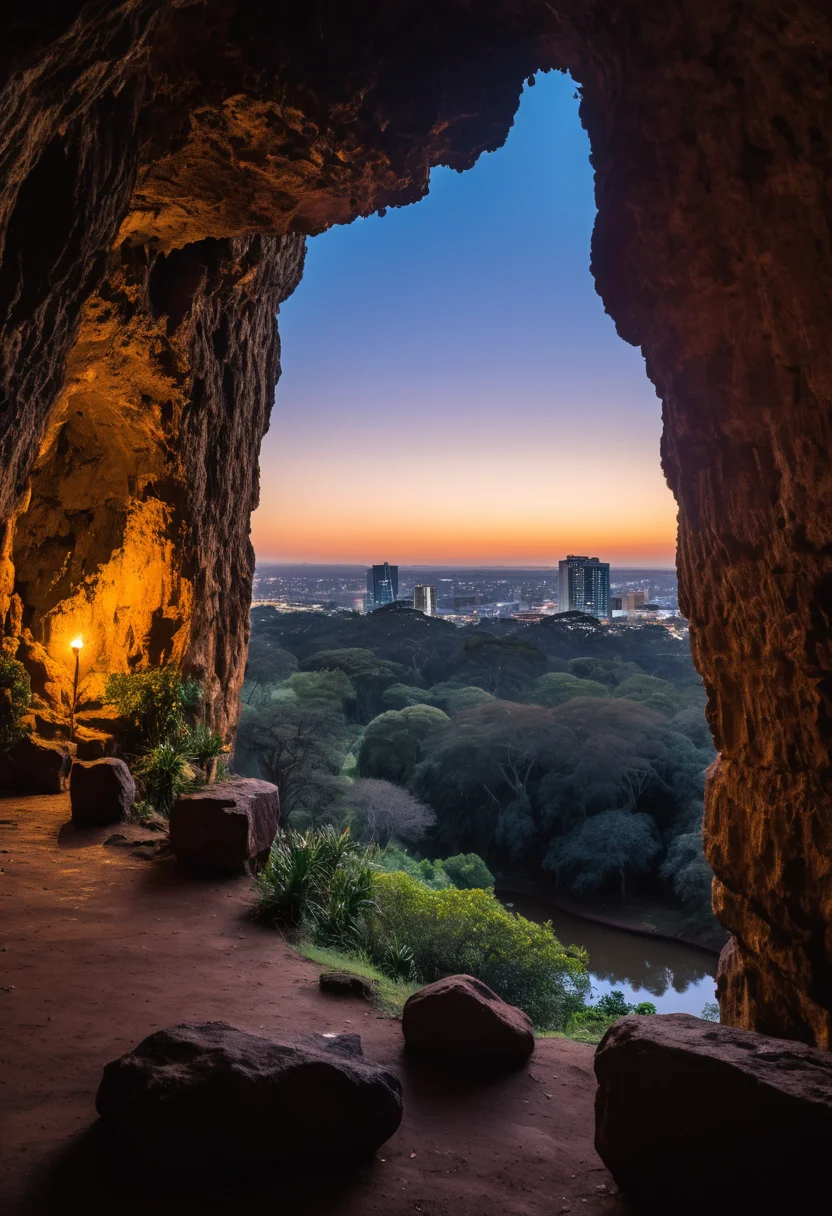 photograph, landscape of a Mythical Grotto from inside of a Harare, at Twilight, Depressing, Cloudpunk, Cold Lighting, dynamic, Nikon d850, Depth of field 270mm, Amaro, Golden ratio