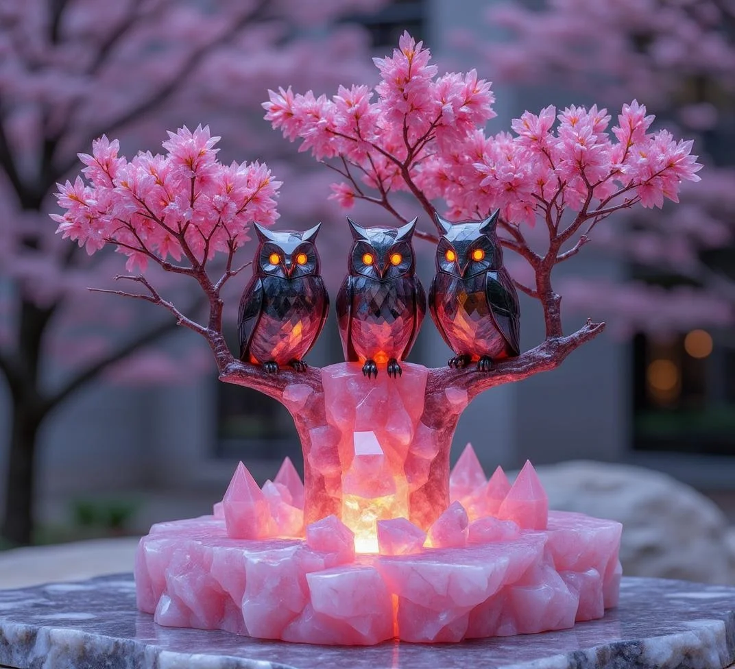 <lora:ck-polygon-gems-0019.safetensors:1> a crafted gemstone model in the style of cklg featuring a
In the heart of a futuristic city, where the boundary between nature and technology blurs, an exquisite sculpture captures the essence of springtime magic. Three adult owls, each with sleek, polished forms that reflect the city's neon lights, perch gracefully on a towering, crystalline branch. Their feathers, a harmonious blend of hot pink, neon orange, and deep black, create a vivid contrast against the smooth, glossy surface. The owls' eyes, large and soulful, emit a soft, bioluminescent glow, enhancing their ethereal presence.
The branch they stand on is adorned with intricate, bioluminescent cherry blossoms, their petals a vibrant pink that seems to pulse with life. The background is a diffused, ambient glow, subtly illuminating the scene and allowing the neon elements to dominate the visual focus. The setting, a harmonious blend of precise geometry and fluid curves, evokes a sense of innovation, elegance, and sophistication.
This sculpture, measuring 12x16 inches, is crafted from high-tech materials, giving it a polished and glossy surface that reflects light like glass or polished metal. It stands as a testament to the fusion of nature's beauty and futuristic ingenuity, adding a touch of whimsy and serenity to any living space or office. Perfect for those who appreciate the magic of nature reimagined through the lens of advanced technology.
