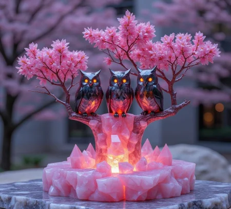 <lora:ck-polygon-gems-0019.safetensors:1> a crafted gemstone model in the style of cklg featuring a
In the heart of a futuristic city, where the boundary between nature and technology blurs, an exquisite sculpture captures the essence of springtime magic. Three adult owls, each with sleek, polished forms that reflect the city's neon lights, perch gracefully on a towering, crystalline branch. Their feathers, a harmonious blend of hot pink, neon orange, and deep black, create a vivid contrast against the smooth, glossy surface. The owls' eyes, large and soulful, emit a soft, bioluminescent glow, enhancing their ethereal presence.
The branch they stand on is adorned with intricate, bioluminescent cherry blossoms, their petals a vibrant pink that seems to pulse with life. The background is a diffused, ambient glow, subtly illuminating the scene and allowing the neon elements to dominate the visual focus. The setting, a harmonious blend of precise geometry and fluid curves, evokes a sense of innovation, elegance, and sophistication.
This sculpture, measuring 12x16 inches, is crafted from high-tech materials, giving it a polished and glossy surface that reflects light like glass or polished metal. It stands as a testament to the fusion of nature's beauty and futuristic ingenuity, adding a touch of whimsy and serenity to any living space or office. Perfect for those who appreciate the magic of nature reimagined through the lens of advanced technology.