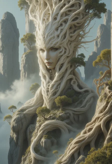 A surreal portrait of a tree goddess emerging from an ancient monolith of twisted roots and gnarled branches. Her face has high cheekbones, smooth porcelain-like skin with a soft glow, and pale, half-lidded eyes. Her long lashes and delicately arched eyebrows frame her serene expression.
Her hair seamlessly transitions into the white birch tree itself, forming a complex crown of white, intertwining branches that stretch upward. The branches have a polished, bone-like texture, curling and twisting into organic patterns. Her body is partially wrapped in bark-like tendrils that spiral around her torso, forming an intricate natural gown that blends into her surroundings.
Below her, a massive, weathered white birch tree trunk extends downward, with thick, gnarled roots twisting into the mist-covered ground. Small, bonsai-like trees sprout from rocky outcroppings embedded within the root system, their tiny leaves adding contrast against the pale landscape.
A dense mist blankets the lower part of the scene, partially obscuring the roots and drifting through the air. In the background, enormous ancient trees with skeletal branches rise through the fog, their silhouettes fading into the distance. The entire image is enveloped in a muted, desaturated color palette of soft whites, cool grays, and subtle earthy greens.
The composition presents her as seamlessly integrated with the massive tree, appearing both as a living figure and an extension of the forest itself.