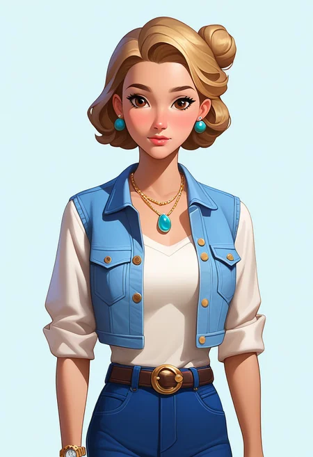 score_9, score_8_up, score_7_up, mercasg, BREAK 1girl, woman, young, solo, pretty, sad, upset, medium breasts, blonde hair, ((single bun on back of head:1.2)), bob cut, bob haircut, medium hair, brown eyes, light brown lipstick, makeup, ((earrings with blue feathers)), ((boho necklace with brown lace and blue cabochon:1.2)), denim vest with copper buttons, white shirt with loose sleeves rolled up to the elbow under jacket, brown unbuttoned T-shirt tucked into denim blue trousers under T-shirt, black waist belt with a gold buckle, ((a watch on the left hand with a brown strap)), (bracelets on the right hand), BREAK hands down, ((left hand holding right hand)), standing, cowboy shot, semi-sideways, half-sideways, looking down, BREAK simple background, white background