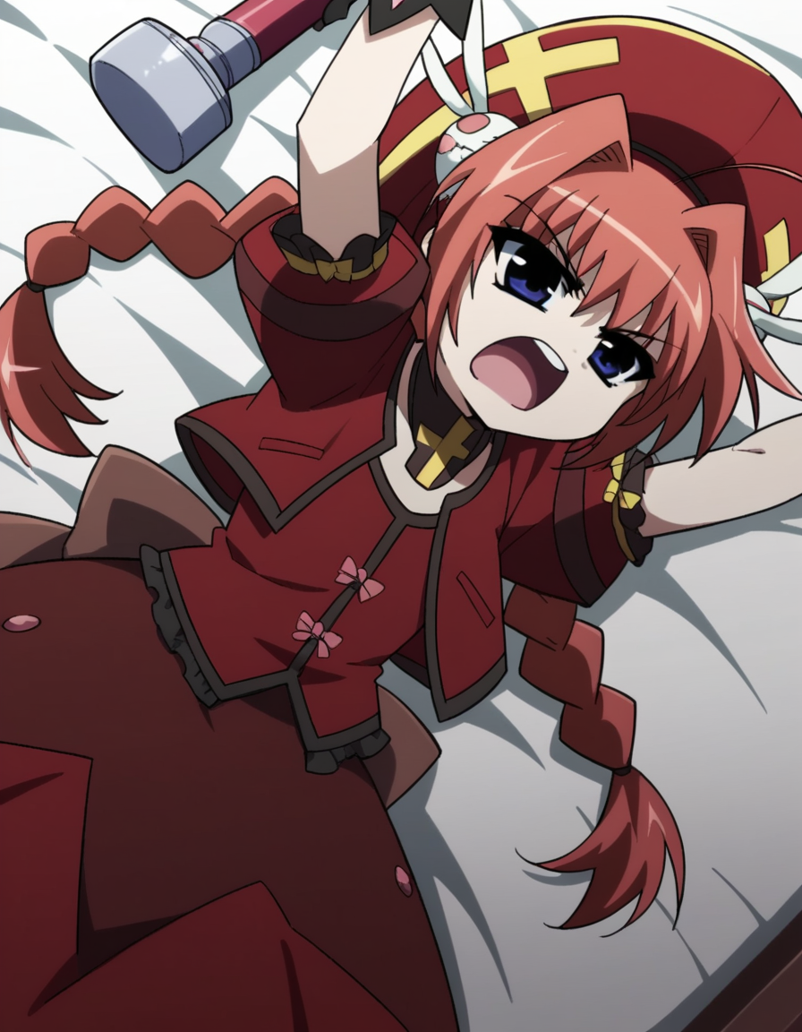 score_9, score_8_up, score_7_up, source_anime, <lora:vita-movie2-ponyxl-lora-nochekaiser:1>, vita, blue eyes, braid, ahoge, red hair, twin braids, rabbit hair ornament,, gloves, hat, dress, weapon, open clothes, open jacket, magical girl, red dress, cropped jacket, hammer,, bedroom, alarm clock, morning routine, yawning, stretching, on bed,, , , v, v over mouth, smug,, solo,, dutch angle,