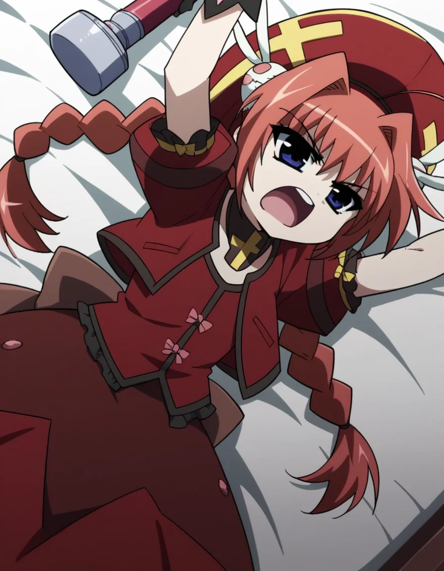 score_9, score_8_up, score_7_up, source_anime, <lora:vita-movie2-ponyxl-lora-nochekaiser:1>, vita, blue eyes, braid, ahoge, red hair, twin braids, rabbit hair ornament,, gloves, hat, dress, weapon, open clothes, open jacket, magical girl, red dress, cropped jacket, hammer,, bedroom, alarm clock, morning routine, yawning, stretching, on bed,, , , v, v over mouth, smug,, solo,, dutch angle,