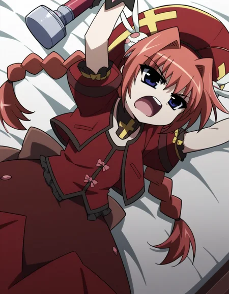 score_9, score_8_up, score_7_up, source_anime, <lora:vita-movie2-ponyxl-lora-nochekaiser:1>, vita, blue eyes, braid, ahoge, red hair, twin braids, rabbit hair ornament,, gloves, hat, dress, weapon, open clothes, open jacket, magical girl, red dress, cropped jacket, hammer,, bedroom, alarm clock, morning routine, yawning, stretching, on bed,, , , v, v over mouth, smug,, solo,, dutch angle,