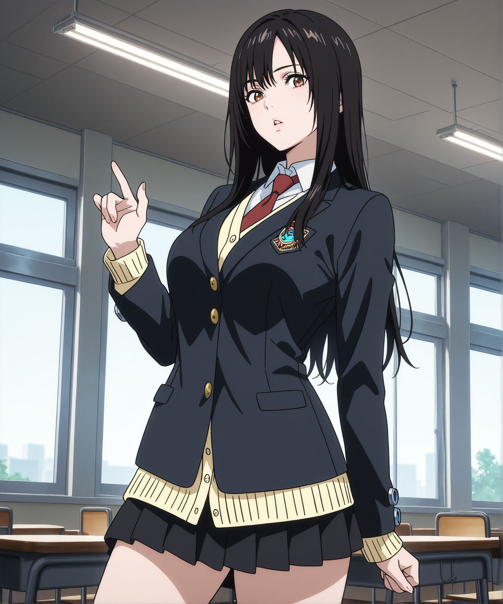 masterpiece,best quality,amazing quality,very aesthetic,absurdres,newest, huge filesize,
<lora:spo_sdxl_10ep_4k-data_lora_webui:0.5>,
<lora:add-detail-xl:1>gantz suit, 
 1girl, classroom, indoors, medium breasts, inuyashiki mari, long hair, black hair, brown eyes, school uniform, blazer, black jacket, white shirt, collared shirt, red necktie, yellow cardigan, black skirt, pleated skirt, white kneehighs, loafers, (cowboy shot:1.8), looking at viewer, anime screencap, parted lips, (pose:1.5) <lora:Mari_Inuyashiki:1>
