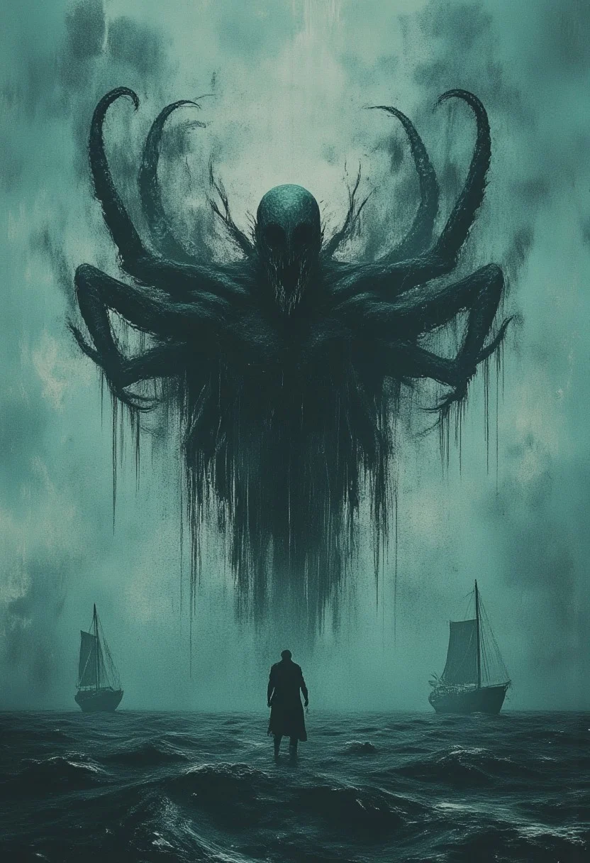 dark digital art of a sailboat in heavy sea, surreal and abstract, monster tentacles coming out of water, attacking ship, eerie atmosphere, thick fog, lovecraftian, tentacles, giant occtopus, lovecraftian monster